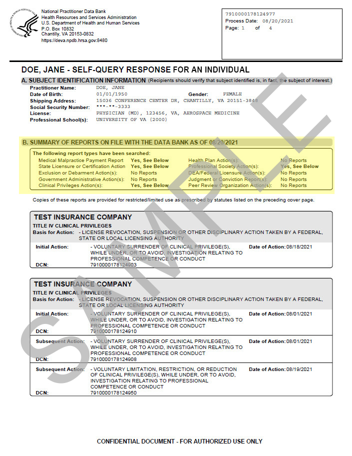 Section B: Summary of Reports on File with the Data Bank